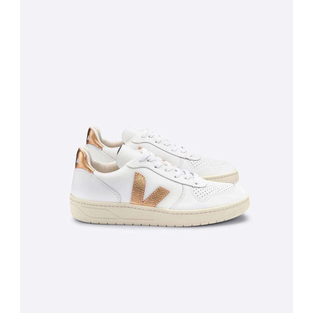 Veja V-10 LEATHER Tornacipő Női White/Gold | HU 641CTV